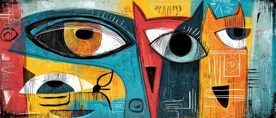 Abstract colorful painting of surreal faces with expressive eyes in a modern art style, conveying emotion and artistic expression
