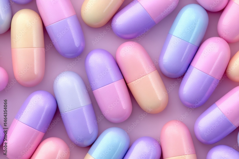 Poster colorful assortment of smooth capsules in pastel shades arranged on a soothing backdrop with soft li