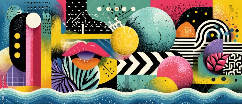 Poster vibrant abstract art with geometric shapes, bold colors, and playful patterns creating a modern and 