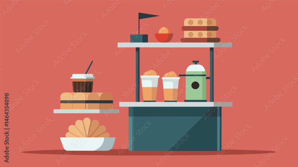Poster a minimalist stand with a sleek design serving up freshly made iced coffee and assorted pastries.. v
