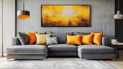Contemporary living room scene with vibrant colors and modern furnishings.