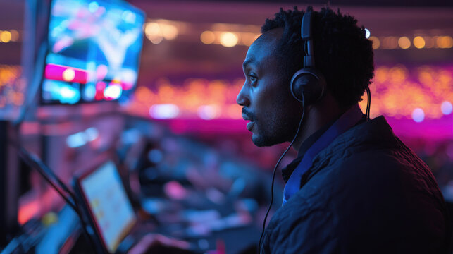 Focused technician wearing headphones monitors live broadcast screens in colorful event control room, capturing behind-the-scenes action and high-tech media production atmosphere.