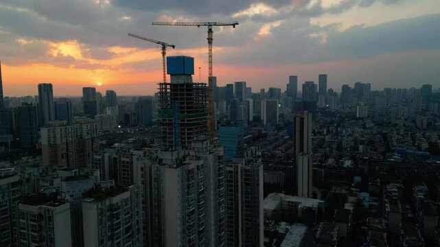 4K drone, Aerial view sunset, of High residential density in the chinese city of Chengdu, Sichuan, China