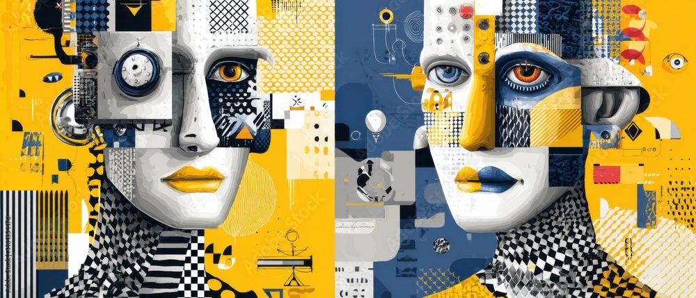 Poster abstract surreal portrait of two faces with geometric patterns in yellow and blue, showcasing modern
