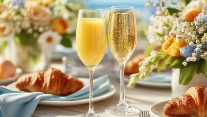 Elegant breakfast setting with champagne, orange juice, croissants, and fresh flowers on a sunlit table.