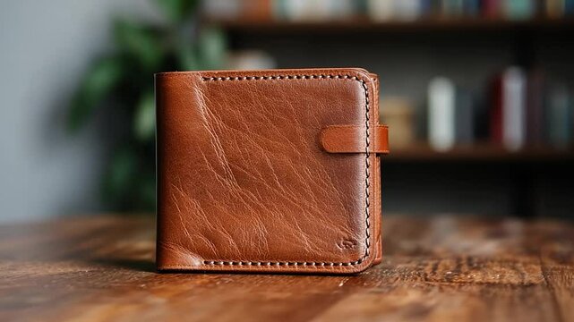 Brown leather wallet on wooden surface.  Close-up product shot with shallow depth of field, showcasing texture and stitching details. Soft, natural lighting enhances the wallet's rich color
