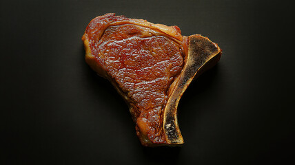Flat lay of premium grilled t bone steak on dark background suitable for food advertising