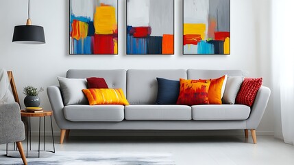 Colorful abstract art displayed above a modern gray sofa.