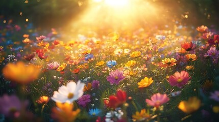 Fototapeta premium A field of colorful flowers under sunlight with a soft-focus background.
