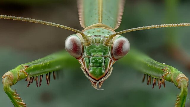 Extreme close-up portrait of a praying mantis with large eyes and green body, focused details of insect face and body, wildlife photography