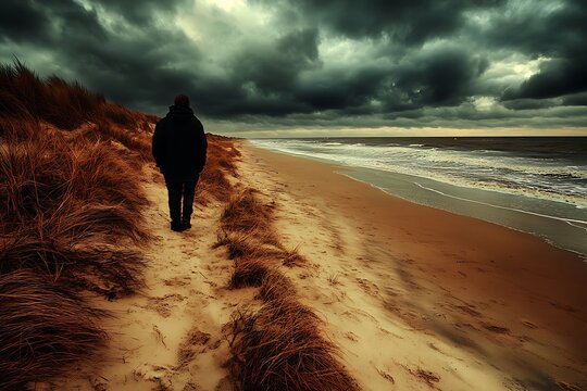 Contemplative walk along the stormy coast