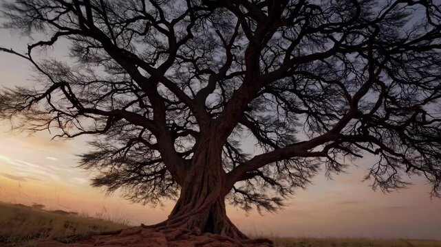 Leafless tree spreads against gold dusk, sunset tree lace crowns horizon, hush settles as sunset tree outlines fade to blue, passer marvels at enduring sunset tree grace. Concept timeless cycles.