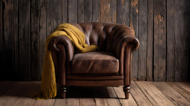 Vintage Leather Armchair with Mustard Throw Blanket Adds Warmth and Timeless Charm to Living Room Decor