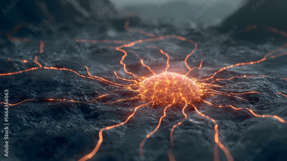 Poster the image shows a glowing, orange, network-like sphere embedded in a dark, rocky surface, with fiery