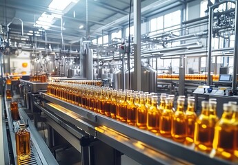 Fototapeta premium Glass bottles with amber liquid on a conveyor belt in an industrial factory setting.