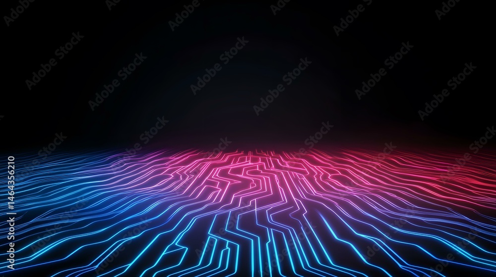 Poster the image contains a dark background with a wavy pattern of neon blue and pink lines resembling a ci
