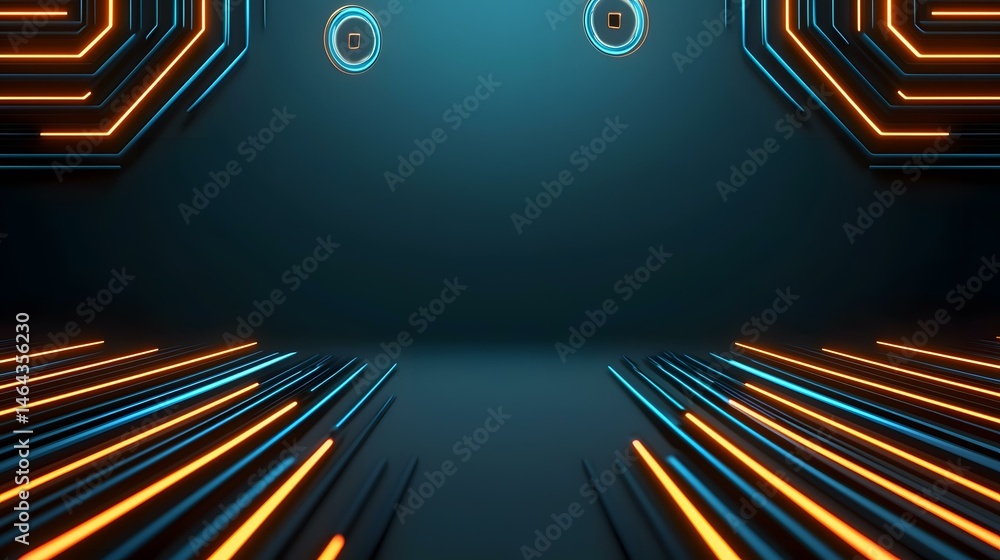 Poster the image contains a dark blue background with glowing orange and blue lines forming geometric shape