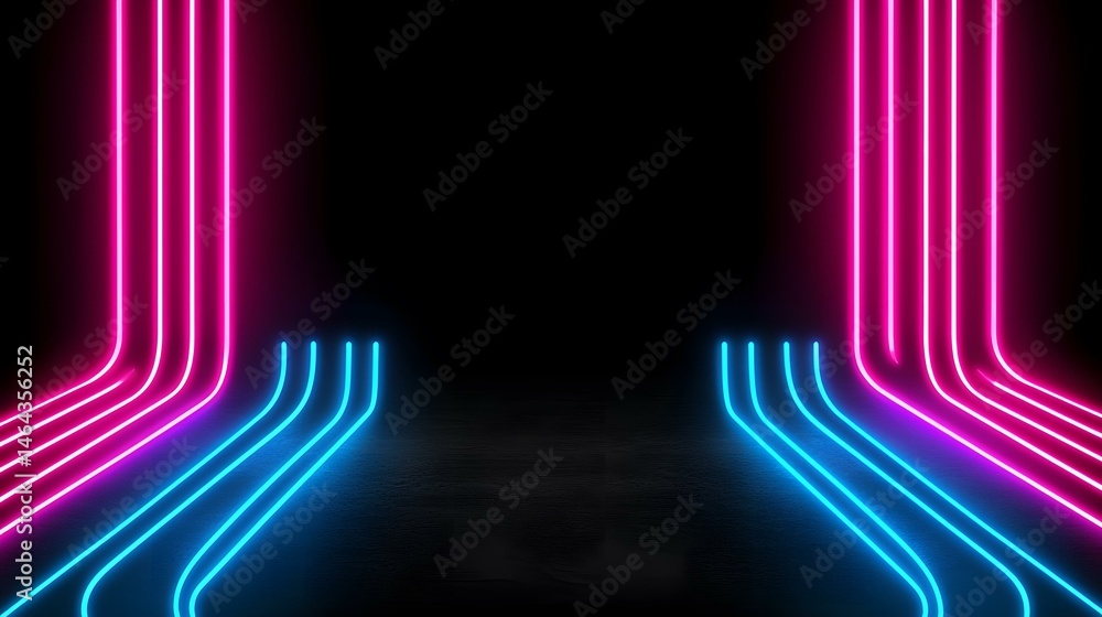 Poster the image contains vibrant pink and blue neon lights arranged in parallel curved lines on a dark bac