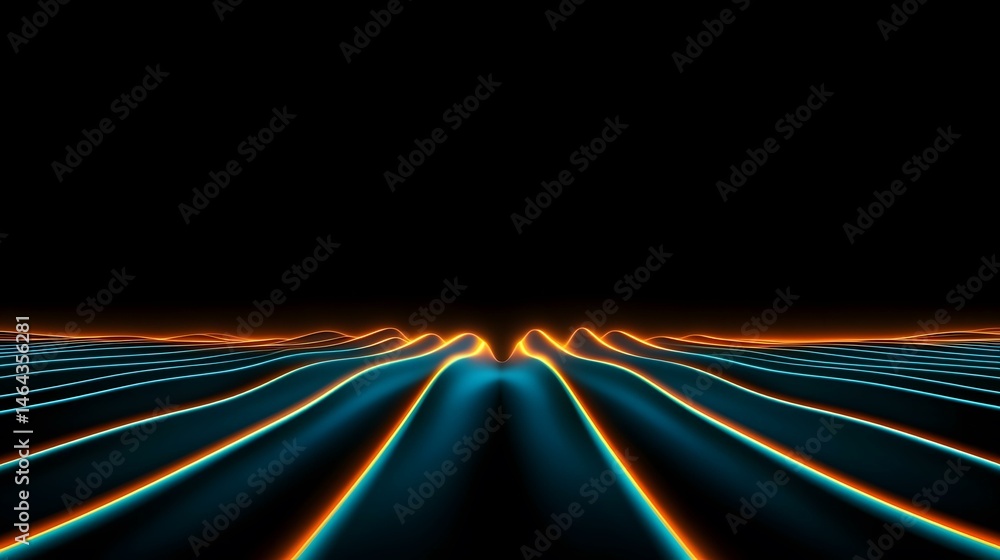 Poster the image contains an abstract, stylized landscape of undulating teal waves highlighted with orange 