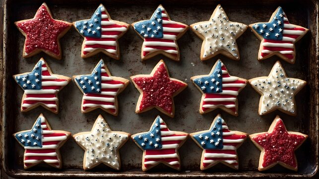 Delicious star-shaped cookies decorated with patriotic designs are on a baking sheet.