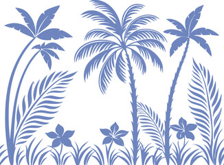 Tropical blue palm tree silhouette with exotic flowers and jungle leaves. Elegant botanical vector illustration perfect for summer nature prints, or tropical-themed design projects.