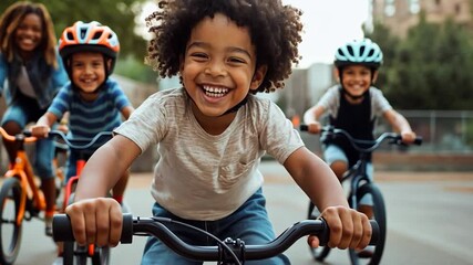 Joyful young boy with curly hair smiles while riding a bicycle, with two other children on bikes in the background.  Outdoor setting with blurred urban background - Powered by Adobe