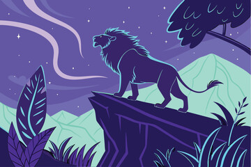 67 majestic lion, cosmic energy, glowing mane, electric aura, standing on cliff, night sky, neon colors, fantasy landscape, ethereal atmosphere, vibrant purple and blue hues, surreal art, digital pain