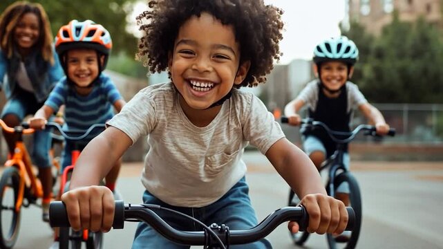 Joyful young boy with curly hair smiles while riding a bicycle, with two other children on bikes in the background.  Outdoor setting with blurred urban background
