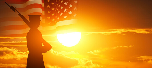 Silhouette guard of honor on the background of the American flag. USA holidays.  