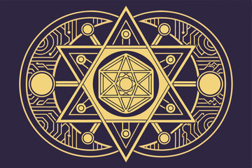 Fototapeta premium 68 Sacred geometry, intricate mandala, star of David, circuit board design, glowing orbs, symmetrical patterns, dark background, golden accents, neon colors, mystical symbols, techno-spiritual fusion,
