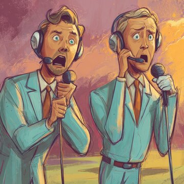 Two startled sports announcers react to a dramatic event.