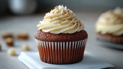 Close-up of a moist, rich chocolate cupcake topped with a swirl of creamy vanilla frosting and sprinkles
