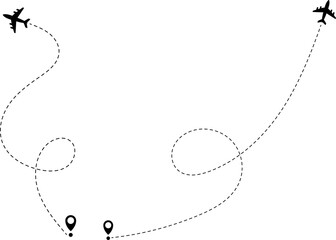 Airplane line path icon of air plane flight route with start point and dash line trace