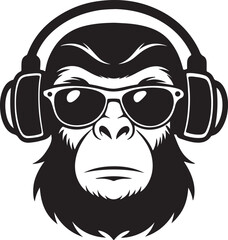 Monkey with headphones and sunglasses silhouette, black and white silhouette, vector and illustration