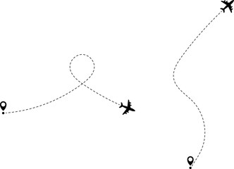 Airplane line path icon of air plane flight route with start point and dash line trace