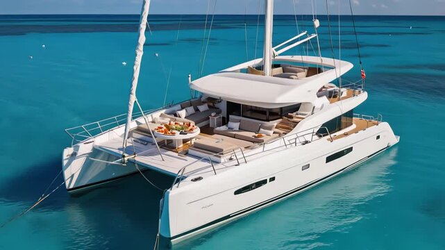  Luxury catamaran floats on turquoise water, catamaran deck gleams beneath tropical sun, upscale catamaran escape whispers freedom. Concept of premium charter lifestyle.