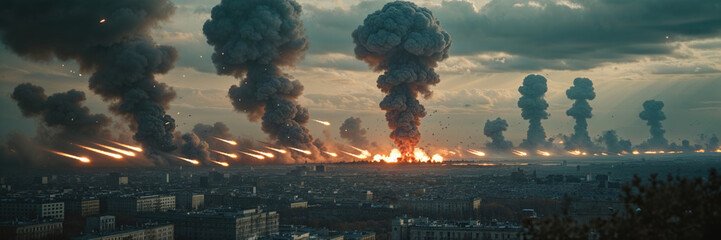 A city is destroyed by nuclear explosions, creating massive mushroom clouds and widespread devastation.