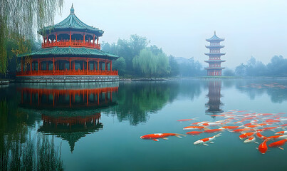 Obraz premium Serene chinese pagoda reflections