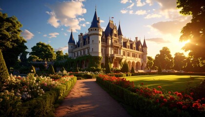Fototapeta premium Castle with Garden and Sunset