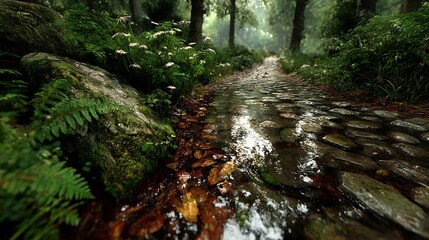 Obraz premium Enchanting Forest Path Misty Stone Lane with Daisies.