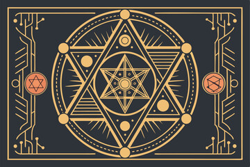 68 Sacred geometry, intricate mandala, star of David, circuit board design, glowing orbs, symmetrical patterns, dark background, golden accents, neon colors, mystical symbols, techno-spiritual fusion,