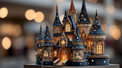 Obraz premium Enchanting Illuminated Castle Model with Festive Lights.