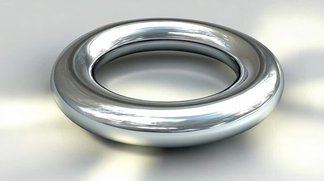 Polished metal torus with smooth reflections, abstract metallic object, 3D rendering of toroid shape, simple geometric form in chrome