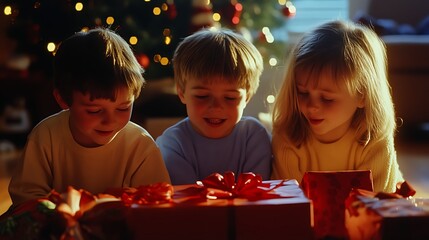 Three children excitedly opening presents under a Christmas tree.