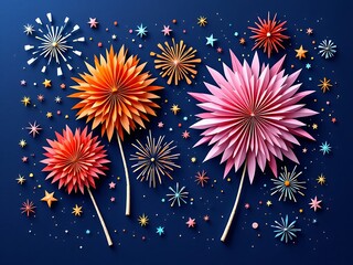 Creative folded paper art resembling fireworks displayed on dark blue paper. Festive and elegant handmade design with vibrant shapes and origami-inspired style