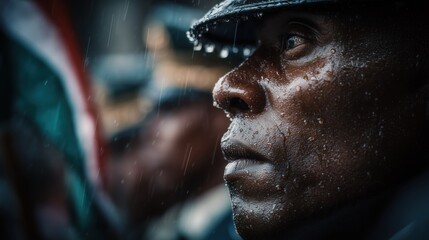 Rain-soaked Kenyan flag at half-mast during solemn Madaraka Day remembrance ceremony, water droplets catching light, honor guard standing at attention in formal military attire