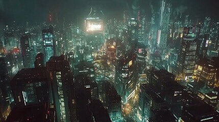 Futuristic Neo-Tokyo 2150 cyberpunk cityscape with floating holograms, neon-lit skyscrapers and aerial highways, featuring cinematic lighting effects.