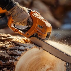 Worker using chainsaw to cut tree log with sawdust flying around, blurred background.