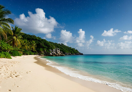 pristine tropical beach with white sand and turquoise ocean water surrounded by lush green palm trees under blue sky with clouds
