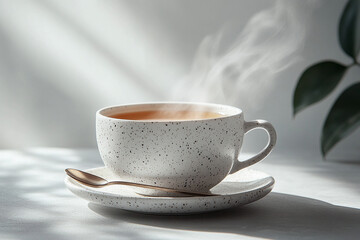 **Elegant Shot Of A Hot Cup Of Tea On A Saucer With A Teaspoon, Steam Rising From The Cup, Shot On A Clean White Background For Premium Tea Advertising --Ar 3:2 --S 630 --V 6.1 --Raw** - @Darya (Relax